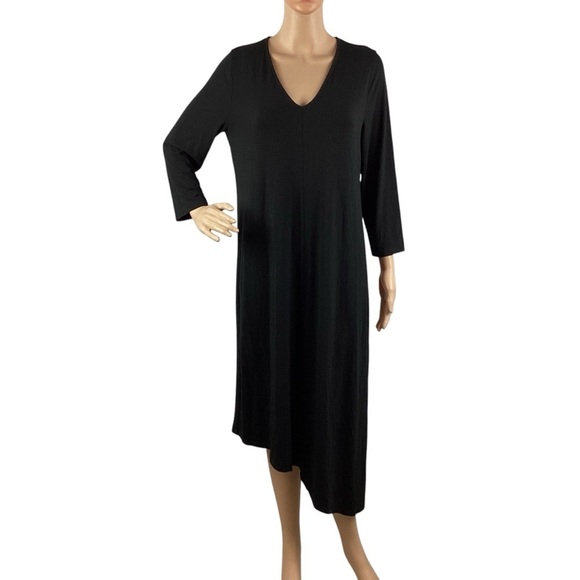 Eileen Fisher Black Long Sleeve V-Neck Midi Dress Size M Viscose - Picture 1 of 7